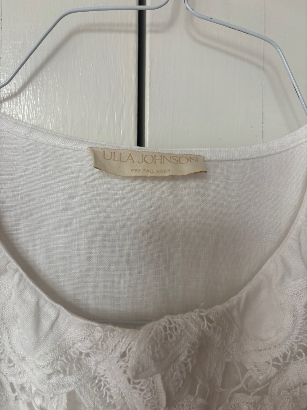 ULLA JOHNSON Fiona Midi Dress Bone White 100% Linen Size 8 Crochet Collar Tie - Picture 9 of 16